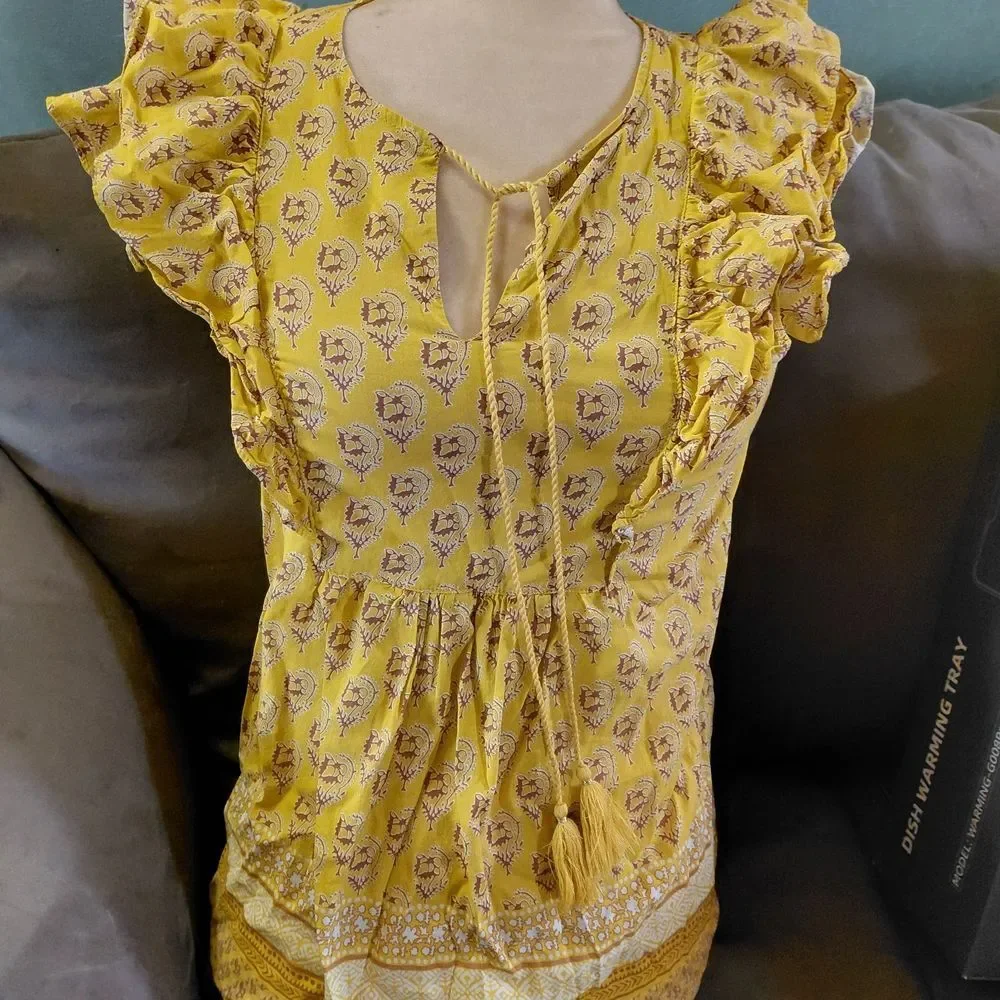 Rose & Olive Yellow Patterned Ruffle Blouse - Picture 1 of 5